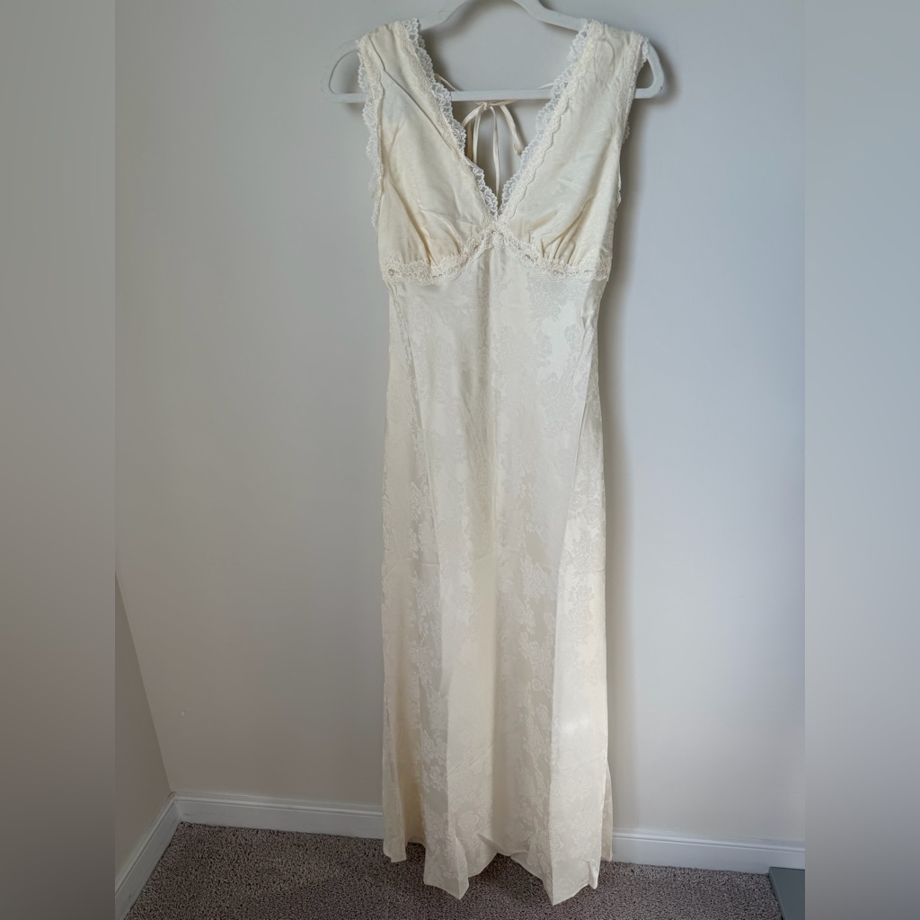 Cream Floral Lace Trim Open Back Maxi Slip Dress